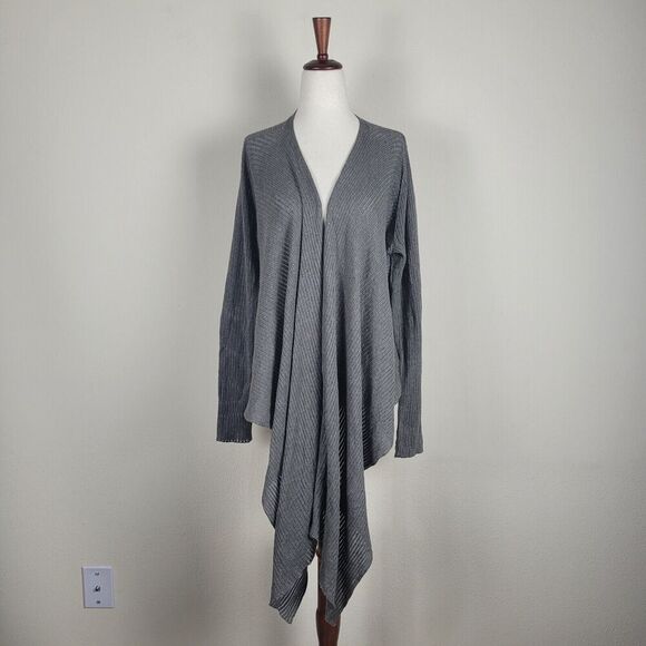 Eileen Fisher Sweater Women Gray Medium Ribbed Knit Angle Front Cardigan Minimal - Picture 1 of 7